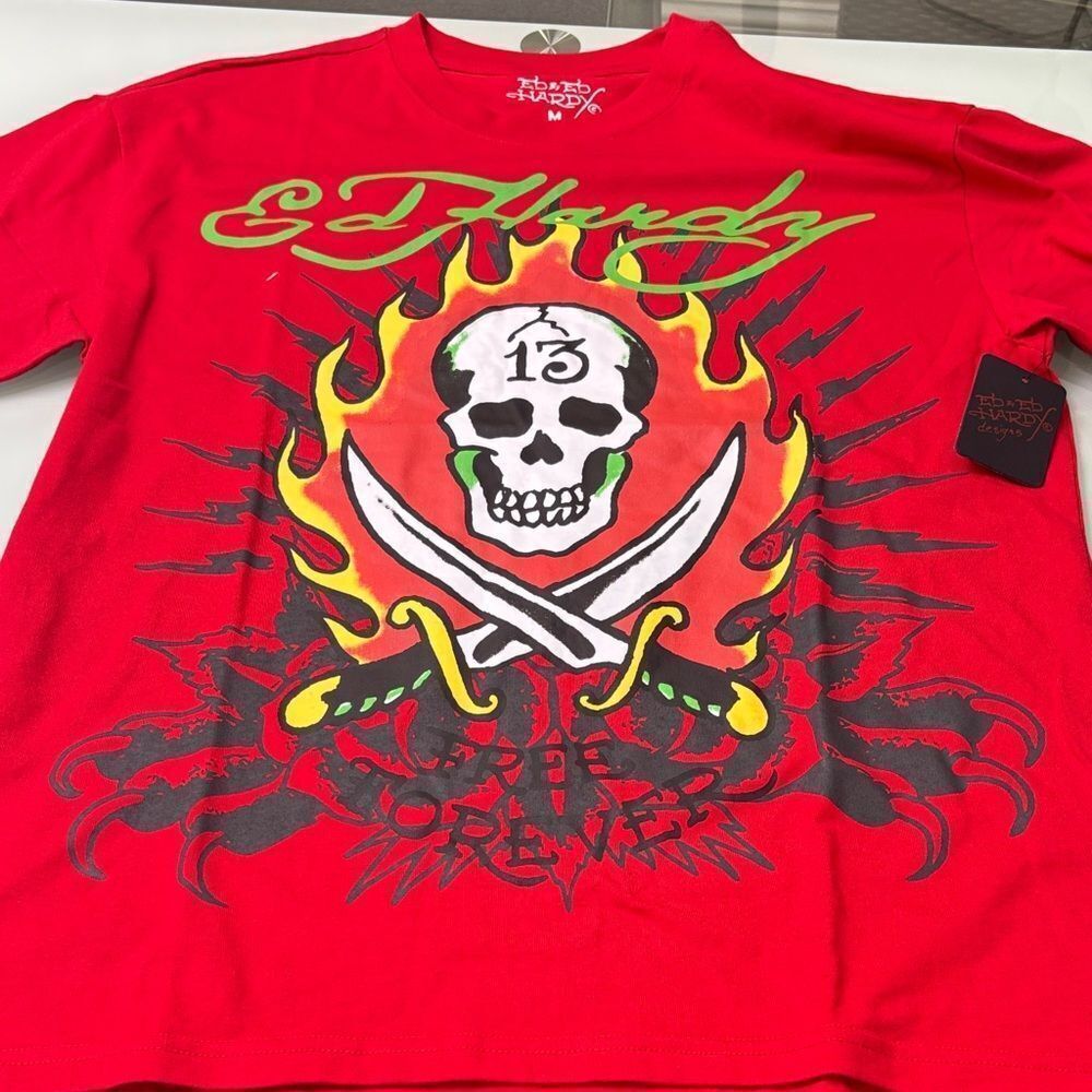 Ed Hardy Red T-Shirt with Skull and Flames
